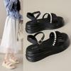 Thick Bottom Sandals Female Summer Fairy Pearl One Word Buckle Strap Beach Sandals Female Fashion Women Summer Shoes Breathable for Hot Weather
