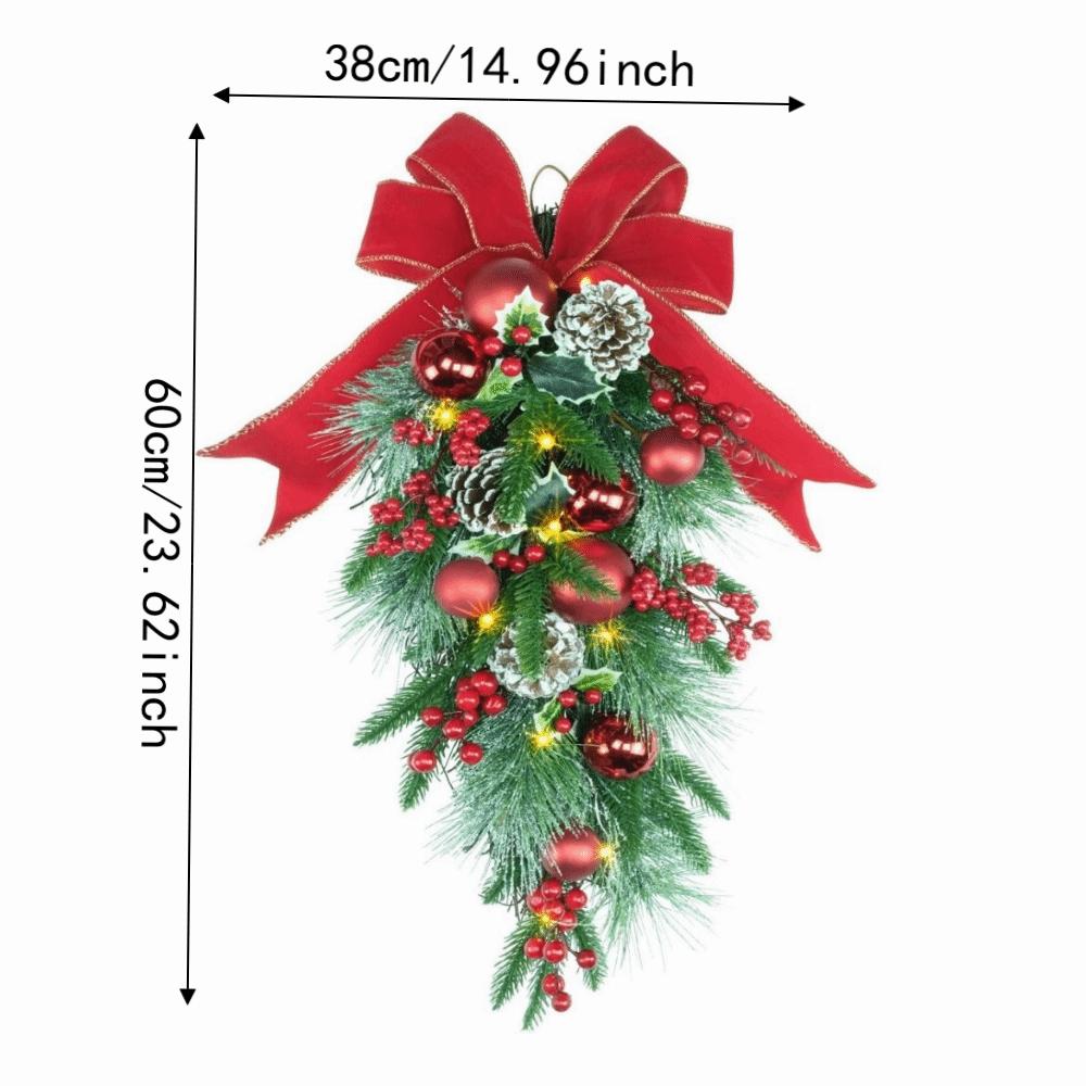 Realistic Artificial Christmas Wreath Pine Needles Droplet Style Wall Hanging Christmas Garland Teardrop Shape Red Berries