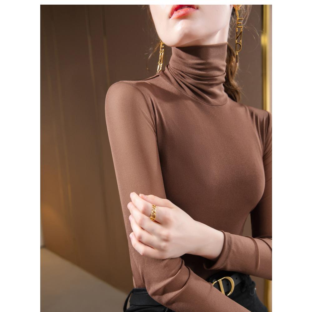 Women High Collar Mesh Base Layer Top Fleece Lined Thick Stretchy Long Sleeve Warm