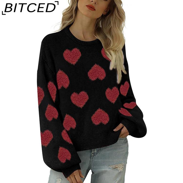 BITCED Bubble Sleeve Valentine's Pink Sweater Loose-Fit Sweet Heart-Patterned Cable-Knit Pullover