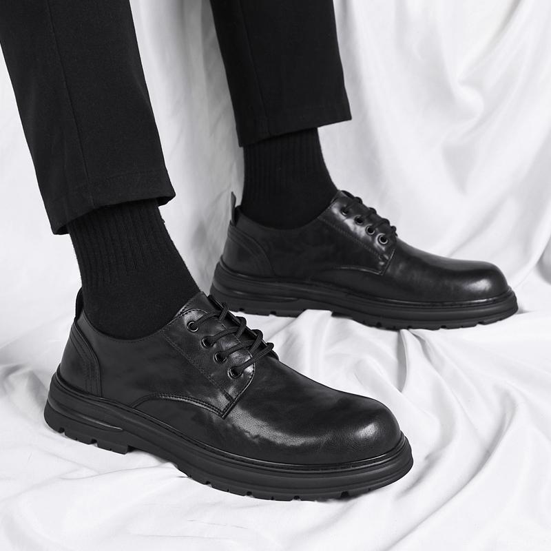 Fashion Brand Mens Round Toe Breathable Derby Shoes Autumn Classic Men Genuine Leather Comfortable Lace Up Business Casual Leather Shoes