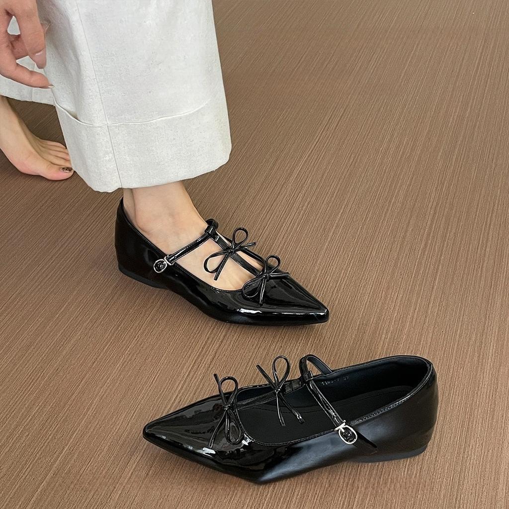 Inner Height Increase Patent Leather Pointed Mary Jane Shoes Women's Shoes Spring 2025 New Shallow Bow French Small Single Shoes