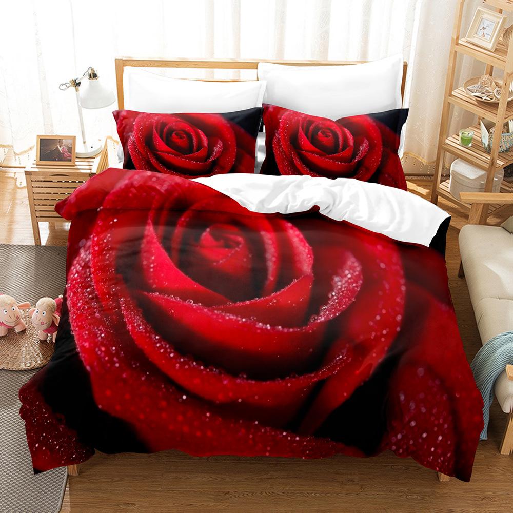 3D Digital Printing Three-Piece Quilt Cover Pillowcase Bed Sheet Quilt Cover Rose Bedding