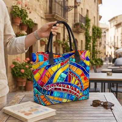  Colorful Stained Glass Print Tote Bag Large Capacity Casual Shoulder Handbag for Daily Use