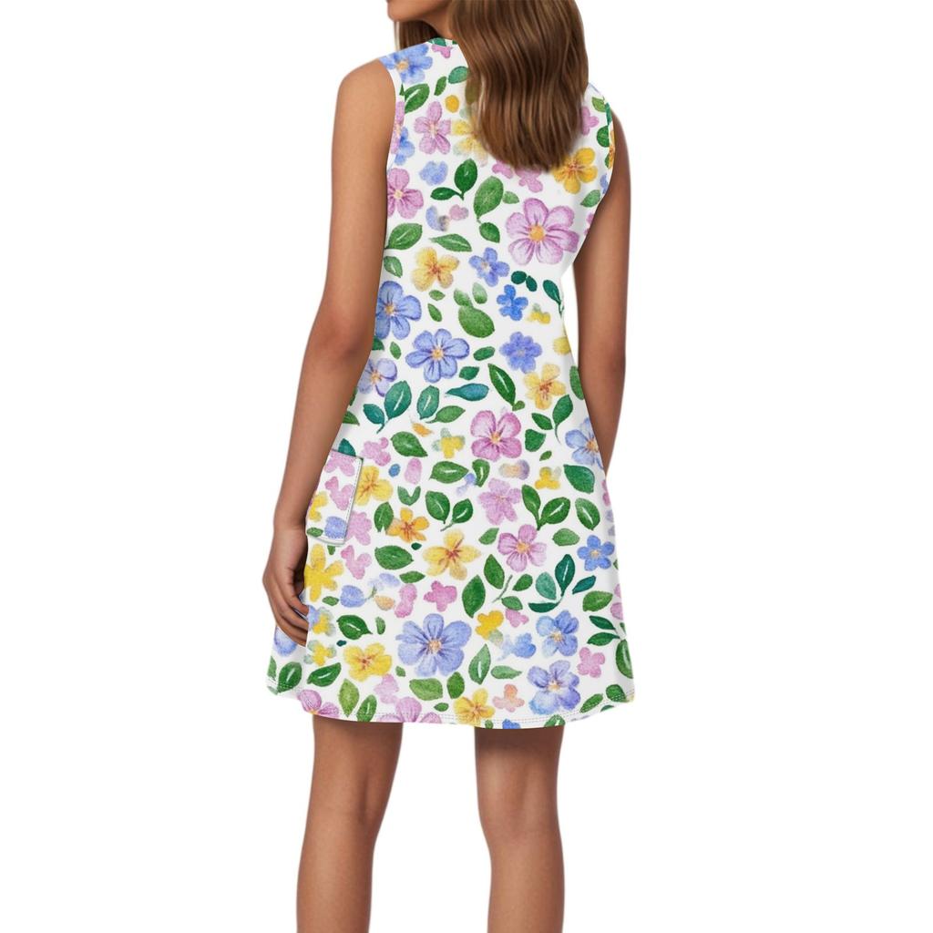 Women's Casual Botanical Floral Print V-Neck Tank Sleeveless Dress Pockets Beach Dress