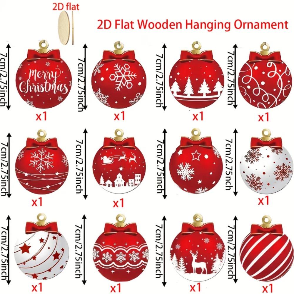 12PCS Red White Wooden Christmas Ball Ornaments Elk Snowflake Pattern Party Winter Holiday Home Xmas Tree Hanging  Decoration