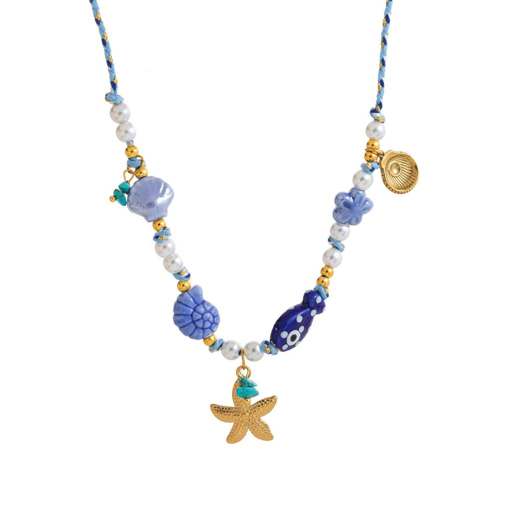 18k Gold Electroplated Clavicle Chain Necklace with Starfish and Small Fish Pendant