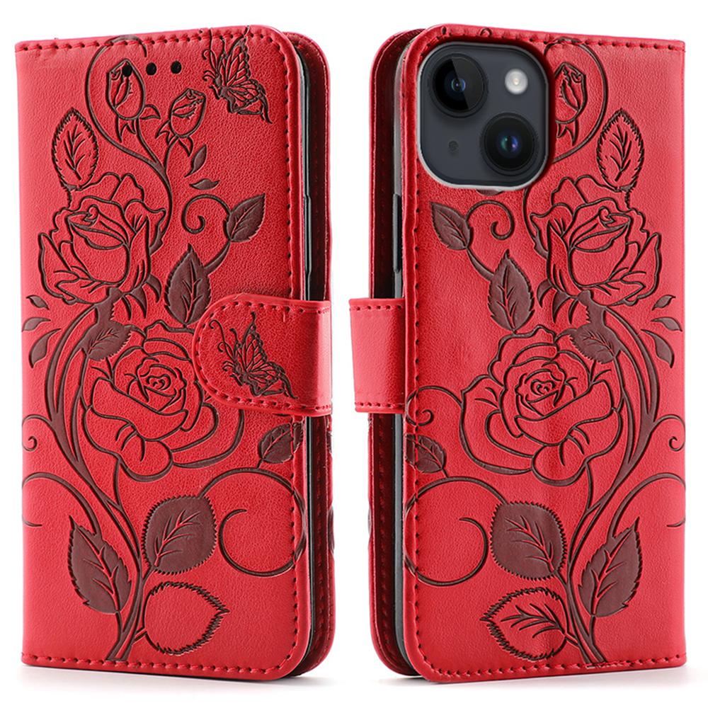 

For iPhone 14 Case Wallet Stand Imprinted Rose Butterfly PU Leather Phone Cover Red