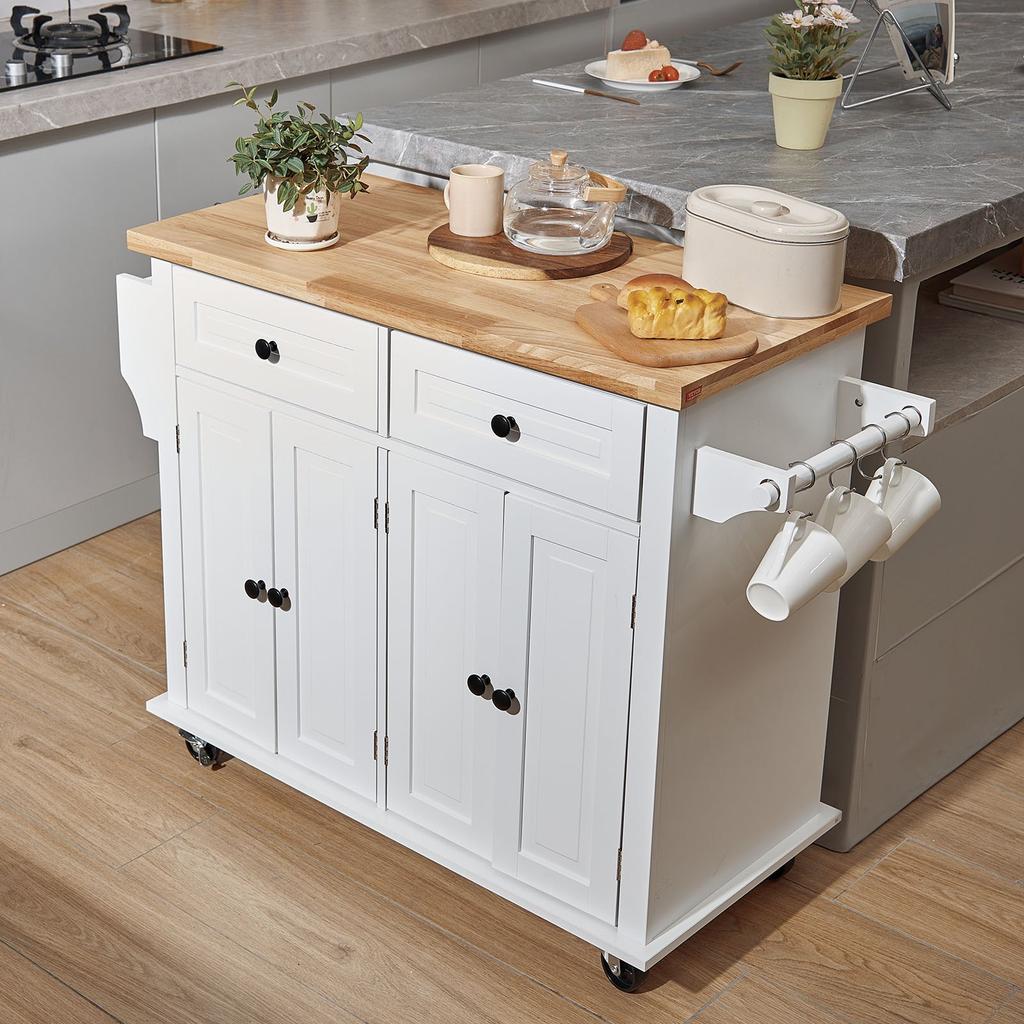 VEVOR Kitchen Island Cart with Solid Wood Top, 90 cm Width Mobile Carts with Storage Cabinet, Rolling Kitchen Table with Spice Rack, Towel Rack