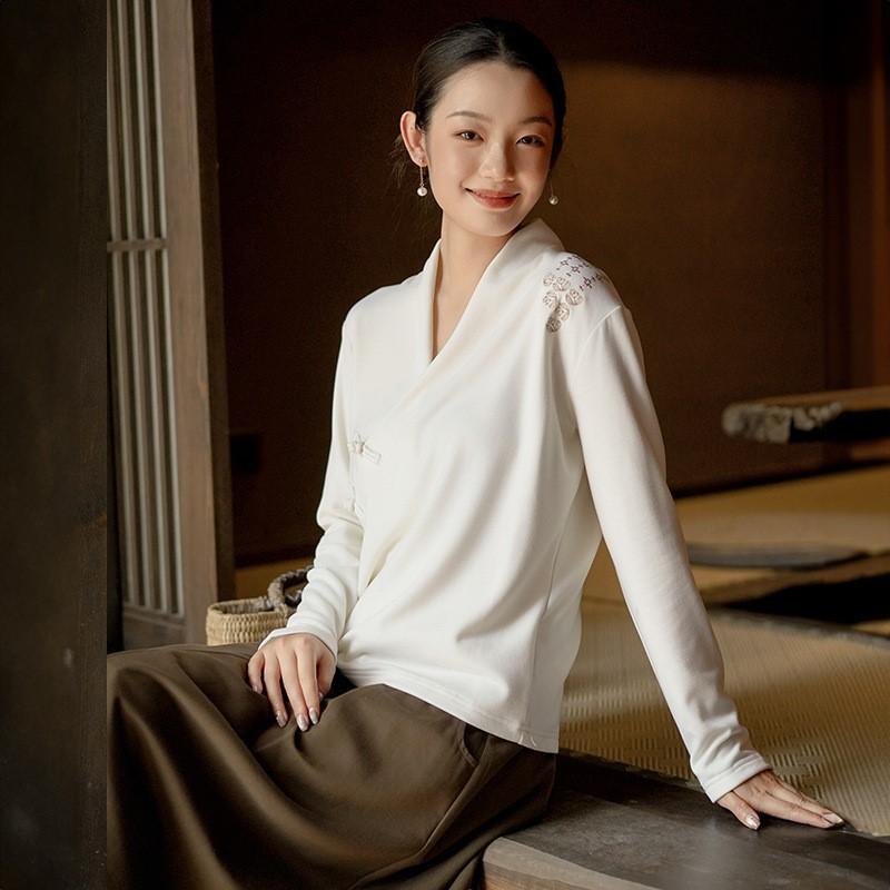 Johnature Damen Chinesischer Stil Strickshirts Tops V-Ausschnitt Langarm Stickerei Floral Herbst Weich Knopfblusen