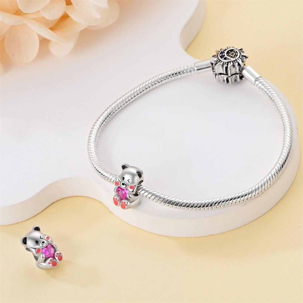 Original Copper Charms Luxury Cartoon Pink Heart Bear Beads Fit Bracelet Diy Women Making Delicate Gift
