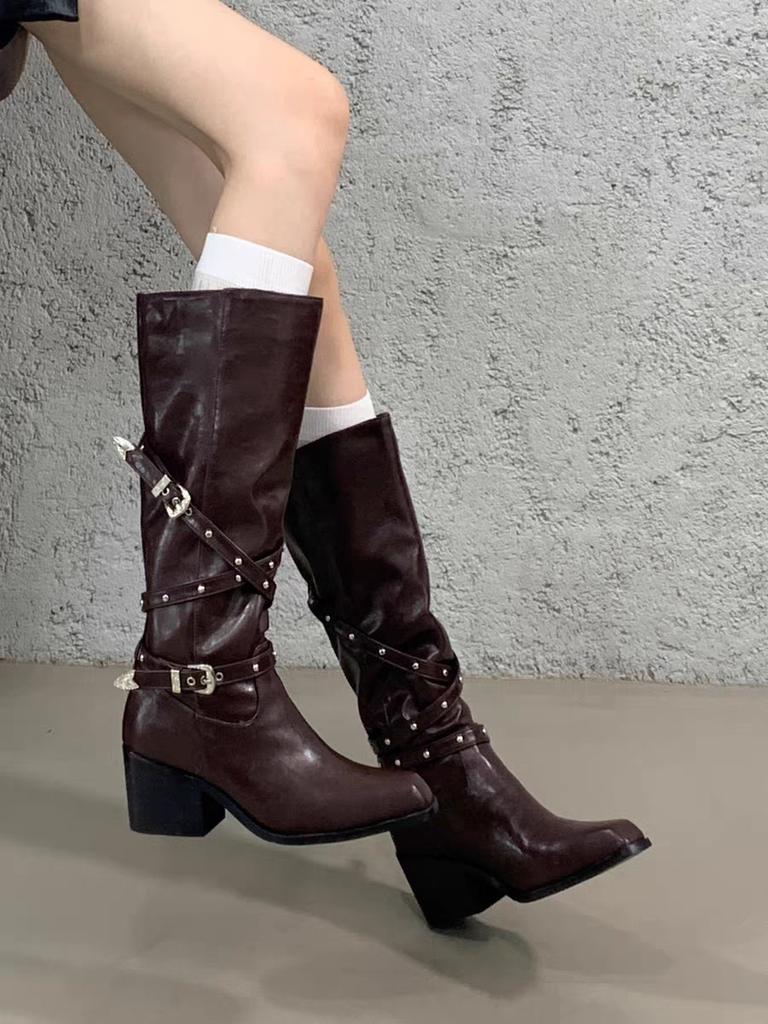 French thick heel belt buckle punk style high boots women's boots 2025 new small pointed long boots knight boots