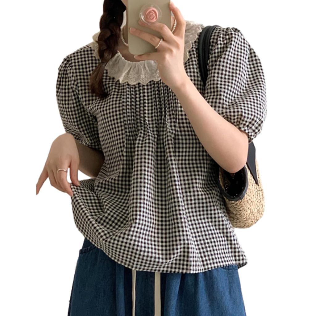 Plaid Round Lace Short Solid Loose Perfect for Going Summer [CCGGOWMM] Women's T-Shirt, Neck, Detail, Sleeve, Lightweight, Color, Fit, Soft, Cool,