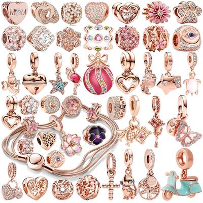 DIY Rose Gold Plating Series Jewelry Gift Flower Butterfly Dangle Heart Charm Bead Fit Silver EuropeanBracelet