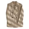 Women Suit Coat Lapel Long Sleeve Double Placket Suit Jacket with Pockets Solid Color Loose Fit Mid-length Business Outerwear