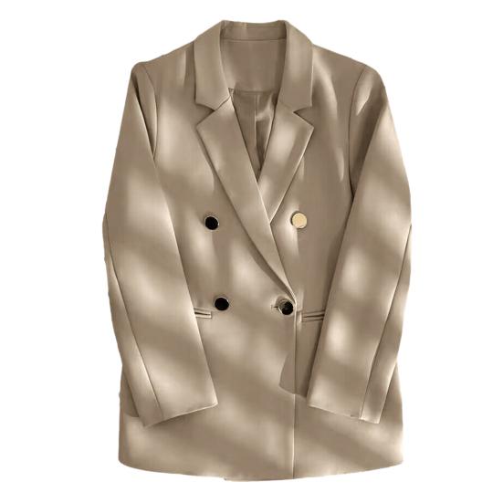 Women Suit Coat Lapel Long Sleeve Double Placket Suit Jacket with Pockets Solid Color Loose Fit Mid-length Business Outerwear