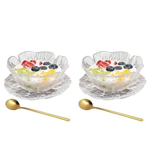 

Nishida Small Bowl, Saucer, and Spoon Set (2 Pairs) - Stylish Ceramic Small Plates, Glass Bowls, Clear Glassware, Cute Desserts, Shaved Ice, Deep Plat