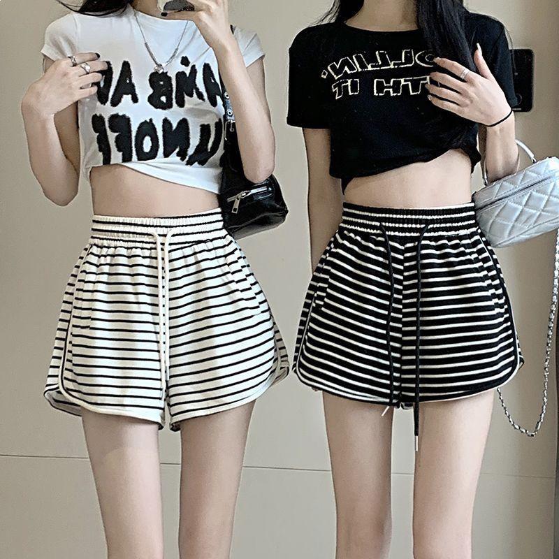 Korean Style High-Waist Striped Summer Shorts - Slimming, Casual, Elastic, Loose Fit