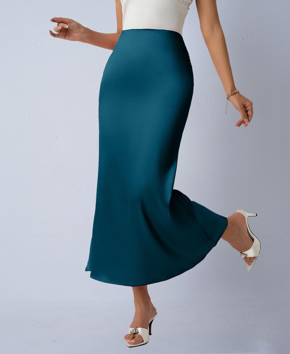 Осенняя атласная облегающая юбка-миди с силуэтом  рыбий хвост  для женщин L темно-синий