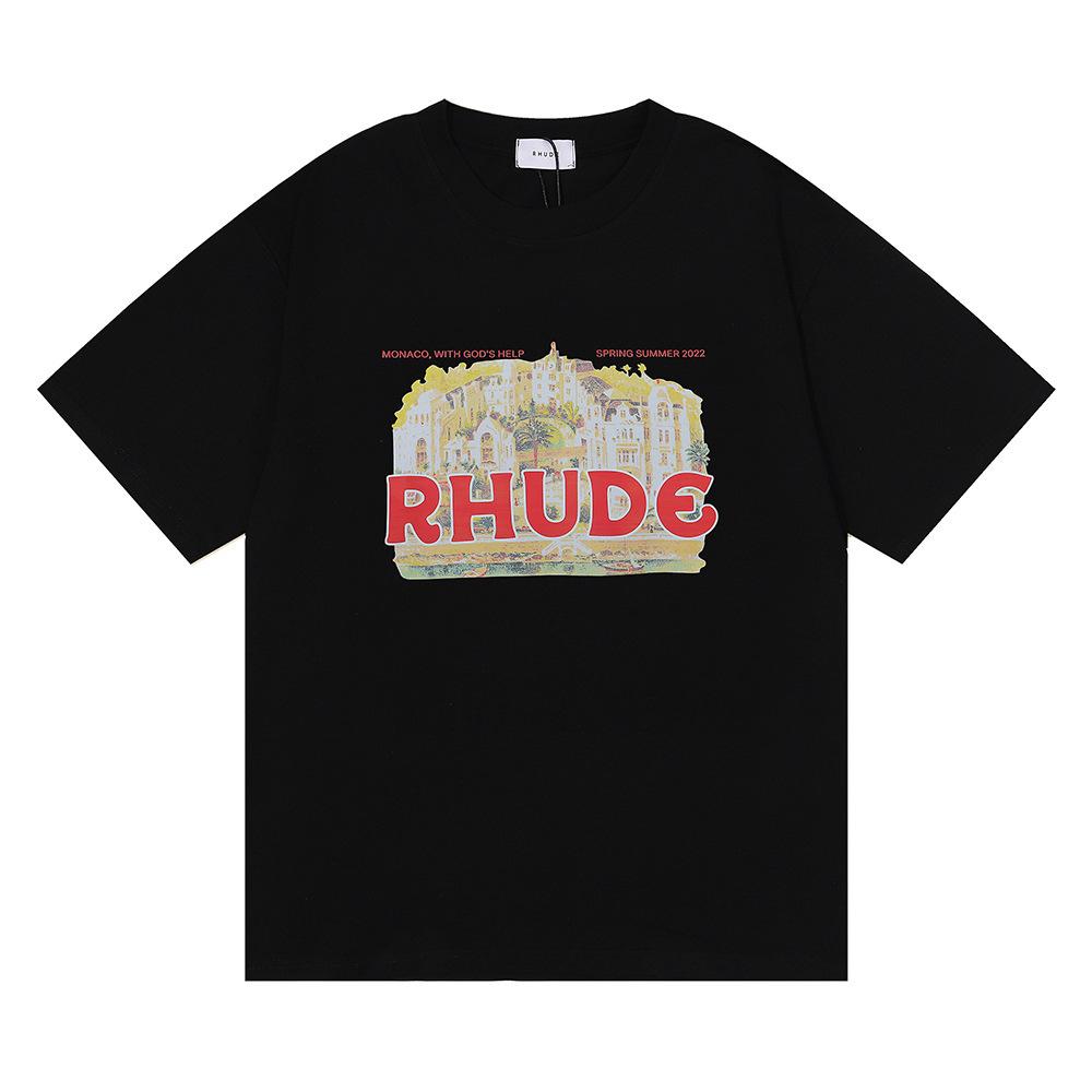 Cross-border European and American trendy brand RHUDE micro-label castle letter logo pattern short-sleeved t-shirt men's and women's high street loose