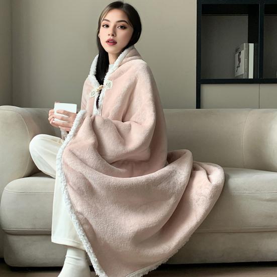 Cape Blanket Plush Hooded Cape with Button Fastening Double-Sided Warmth White Trim Blanket Cape Office Nap Comfort Throw Blanket