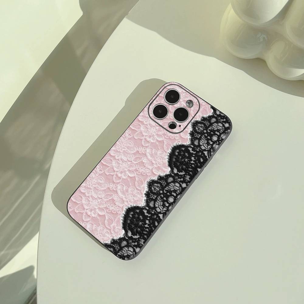 L-Lace Print Pattern Phone Case For iPhone 17,16,15,14,13,12,11 Pro Max, Lightweight and Practical Soft Black Cover