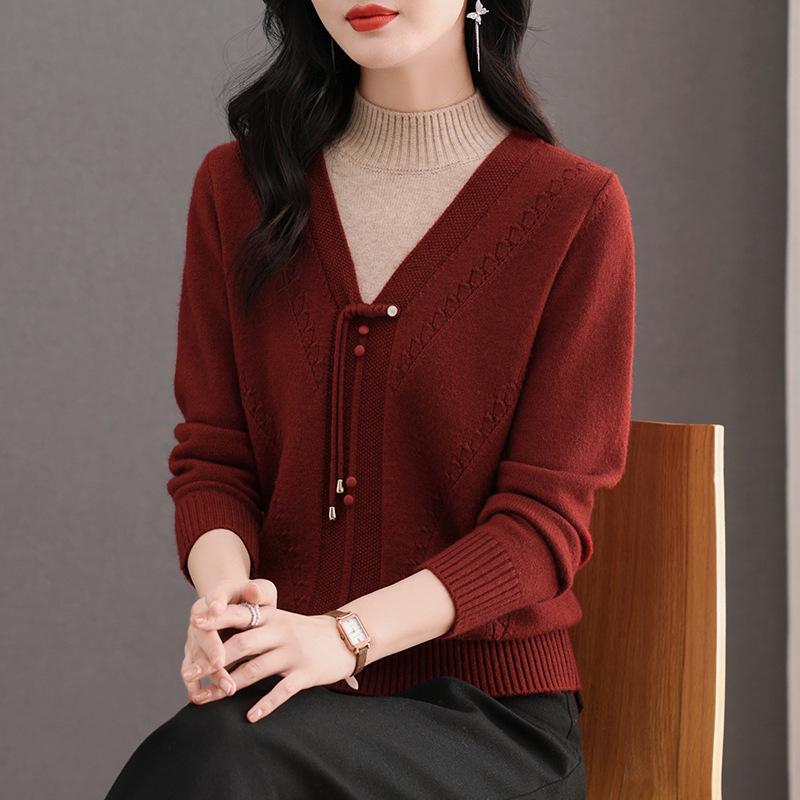 2025 Chinese Style Knit Base Layer Sweater for Middle-Aged & Elderly Women: Thick, Warm, Autumn/Winter New Arrivals