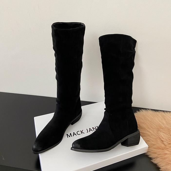 

Yueyu pointed boots 2025 autumn European and American new thick heel stacking boots wrinkled and thin temperament women s thin boots 40 чёрный