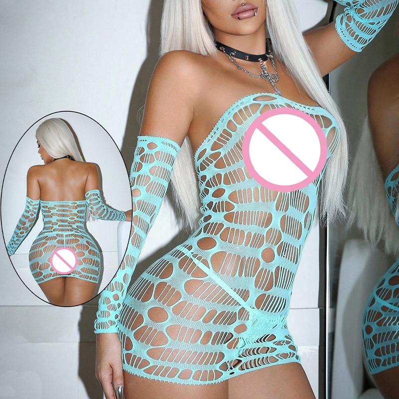 Sexy Hollow Elastic Tight Mesh Lingerie Erotic Dresses Hot Sex Underwear Intimates Pajamas Slip Costume for Seductive Wear