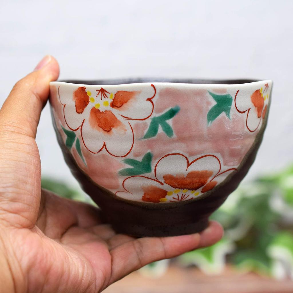 Stylish Kutani Ware Tea Bowl with a Floral Pattern In Pink. Made In Japan. Perfect As a Birthday Gift, 60th, 70th, 77th, or 88th Birthday Gift.