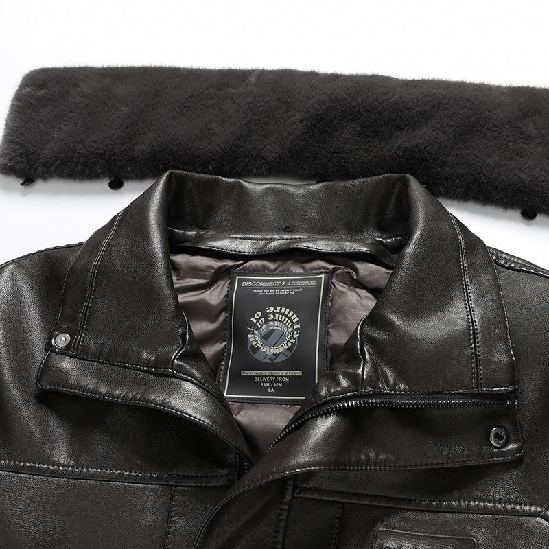 Кожаная куртка-пуховик мужская утолщенная съемная подкладка кожаная куртка средней длины — фото 5