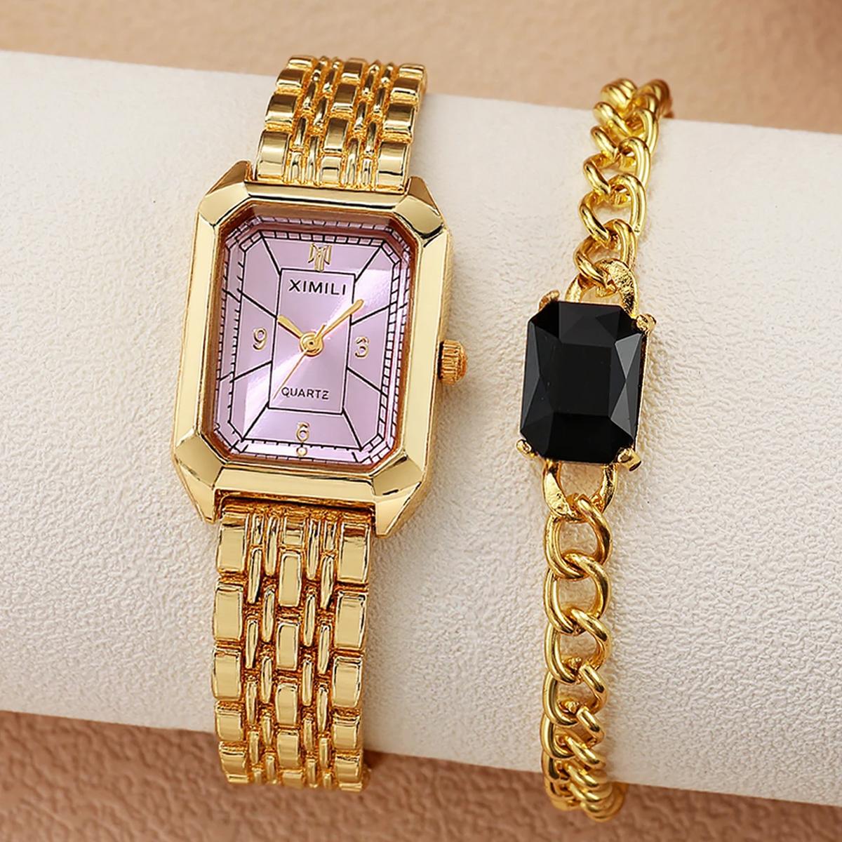 

Fashion Light Luxury Trendy Round Dial Alloy Strap Women Quartz Watch Gemstone Bracelet Set of 2 for Christmas and Thanksgiving розовый