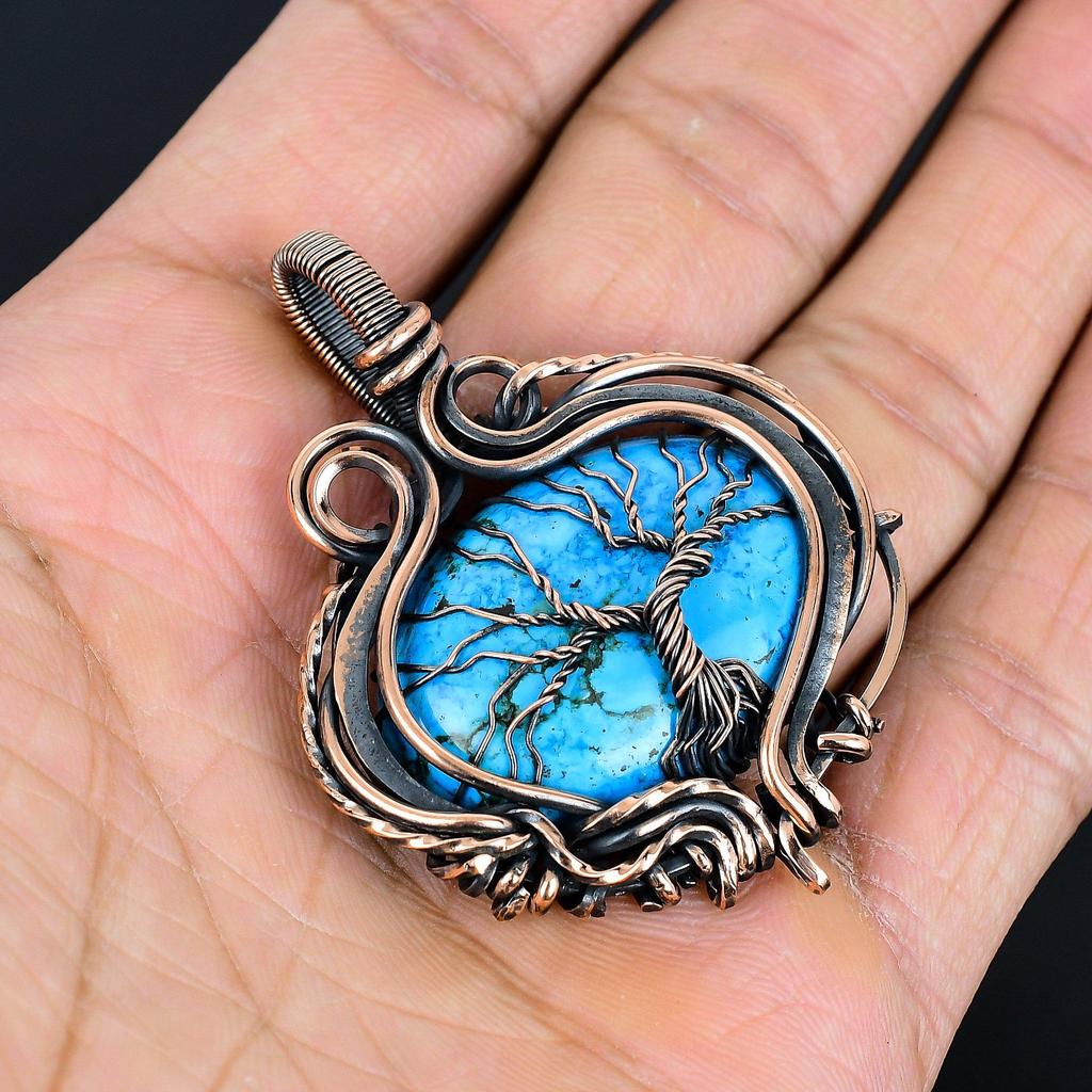 Tibetan Turquoise Pendant, 999 Copper Wire Wrapped Gemstone Jewelry, Handmade Tree Of Life Pendant, For Thanksgiving