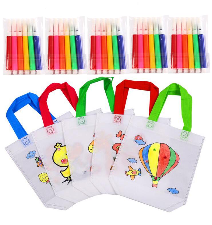 DIY Graffiti Bag with Coloring Markers Handmade Painting Non Woven Bags for Children Arts Crafts Color Filling Drawing Toy