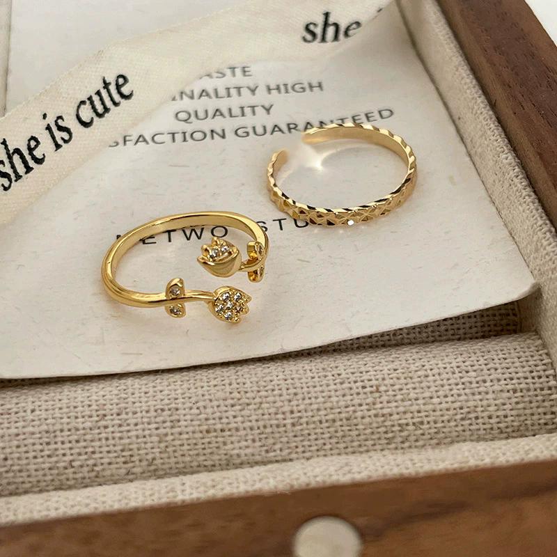 Vintage Gold Color Tulip Flower Crystal Adjustable Rings For Women Girl Fashion New Jewelry Gift Party Wholesale Anillos