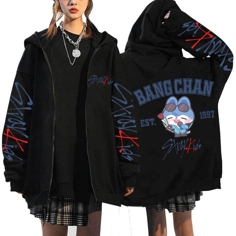 Maglione con cappuccio e cerniera loose Stray Kids versione Q stampato Harajuku maglione con cappuccio maglione con cerniera maglione all'ingrosso