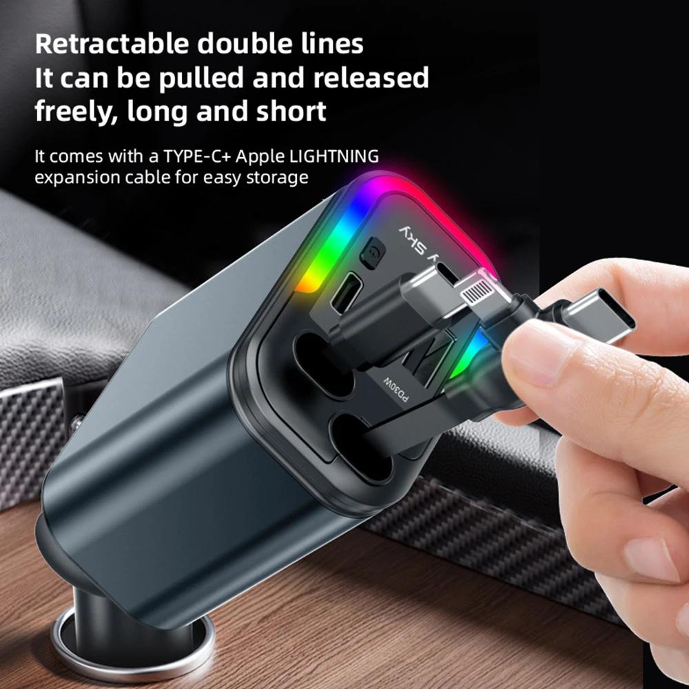 180W Dual Retractable Line Fast Charging Adapters with Ambient Light and Starry Sky Roof Light Car Charger for iPhone Android