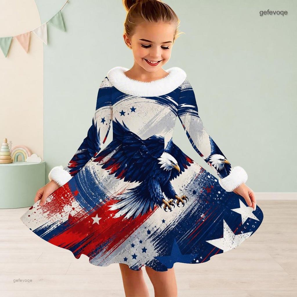 Girls High Neck Long Sleeve Furry Trim Tie Waist Red White Blue Eagle Star Printed A Line Flared Dress