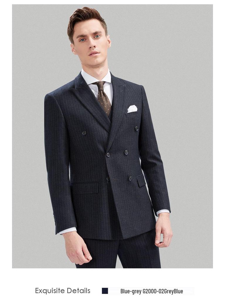 Men's Slim Fit Double-Breasted Gray Striped Suit - British Style Business Casual/Formal Tuxedo for Groom or Wedding.