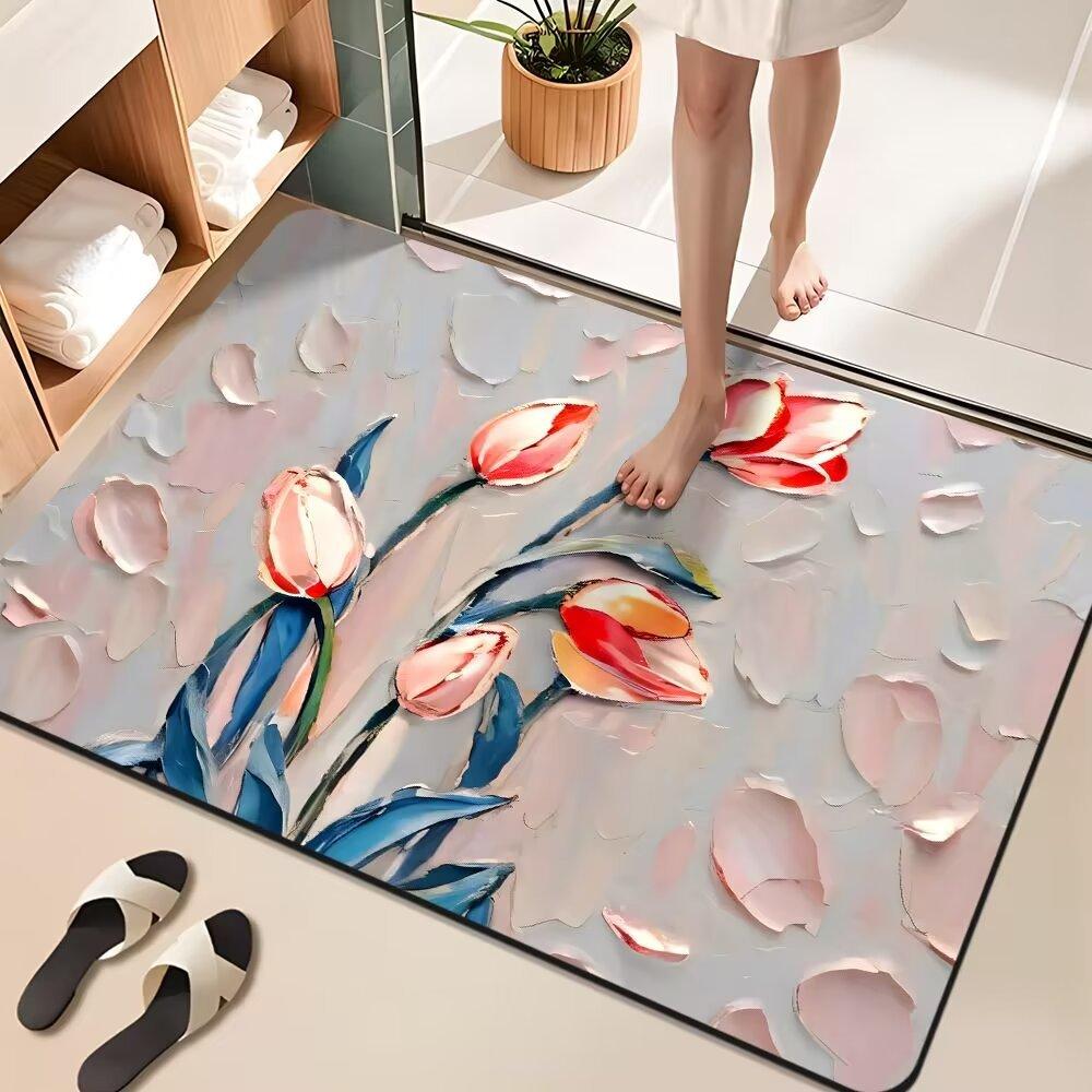 Diatom Mud Floor Mat Oil Painting Flowers Bathroom Floor Mat Water Absorption and Dirt Resistance Bathroom Anti Slip Foot Mat