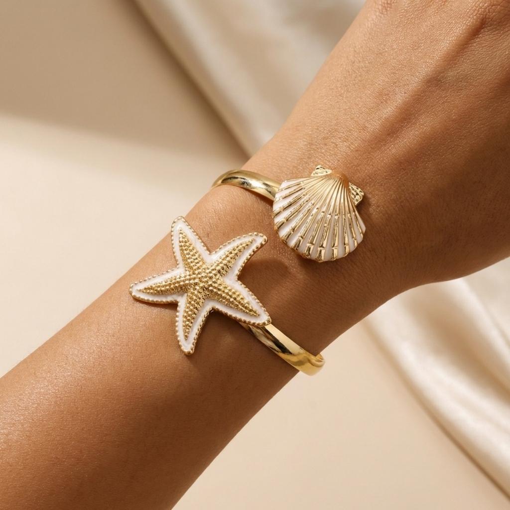 Colorful Enamel Metal Starfish Shell Opening Bracelets For Women Men Summer Vacation Beach Sea Star Cuff Bangle Seaside Jewelry
