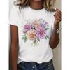 Women's Dahlia Flower Print T-Shirt - Short Sleeve Round Neck Summer Blouse with White Base & Vivid Floral Design, for Casual Wear