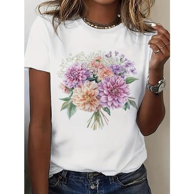 Dahlienblumen-Print T-Shirt für Damen - Kurzarm Rundhals Sommerbluse mit weißer Basis & lebendigem Blumendesign, für Freizeitkleidung