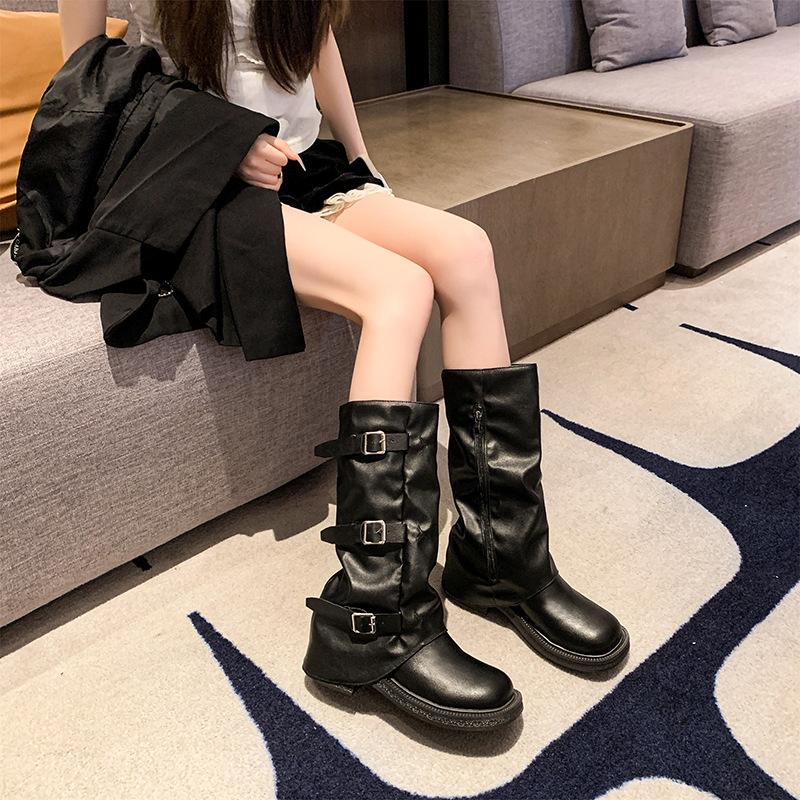 Retro western cowboy boots women's 2025 autumn and winter new Internet celebrity belt buckle trouser tube side zipper black knight boots