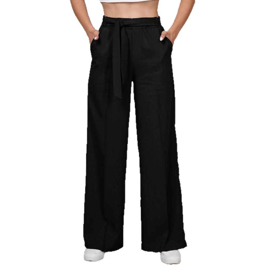 Women Tie Waist Wide Leg Pants Solid Color Casual Loose Fit Long Trousers