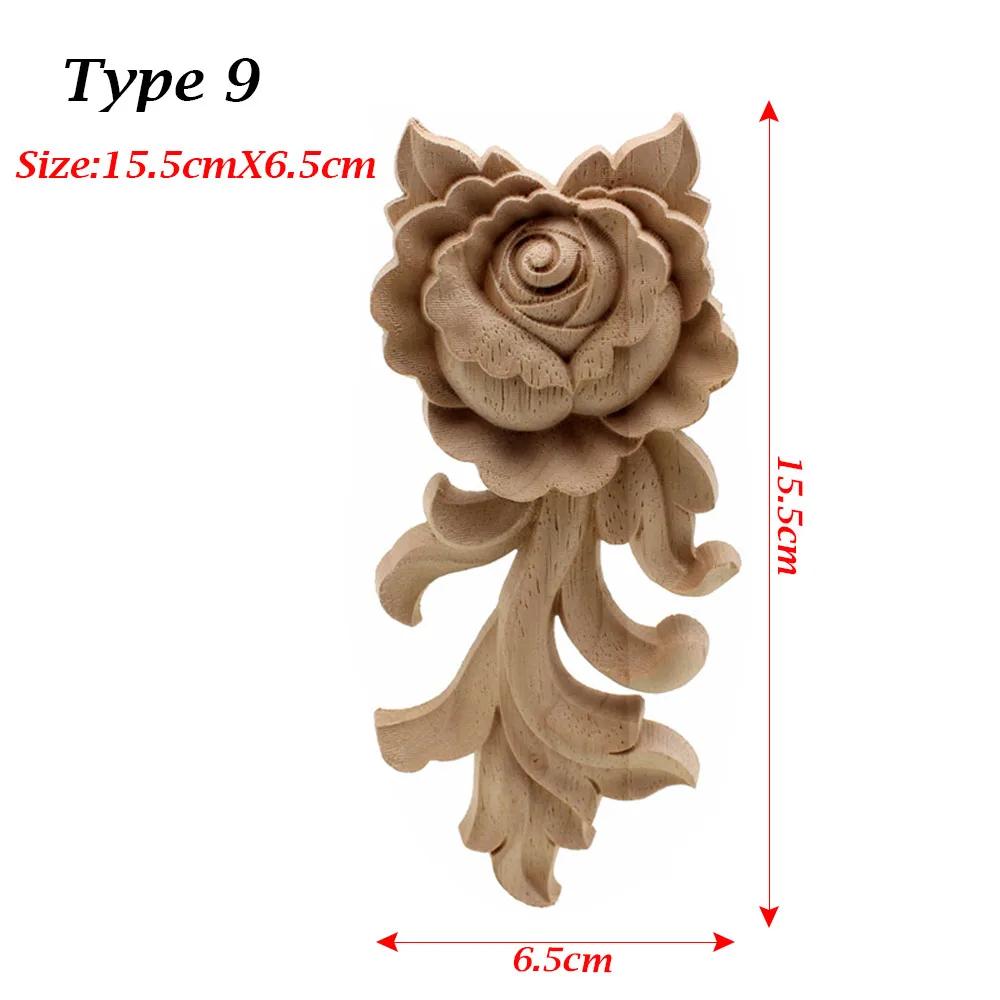 Natural Woodcarving Rose Flower Corner Appliques Wood Floral Carved Furniture Cabinet Door Unpainted Mouldings Decal Decorative