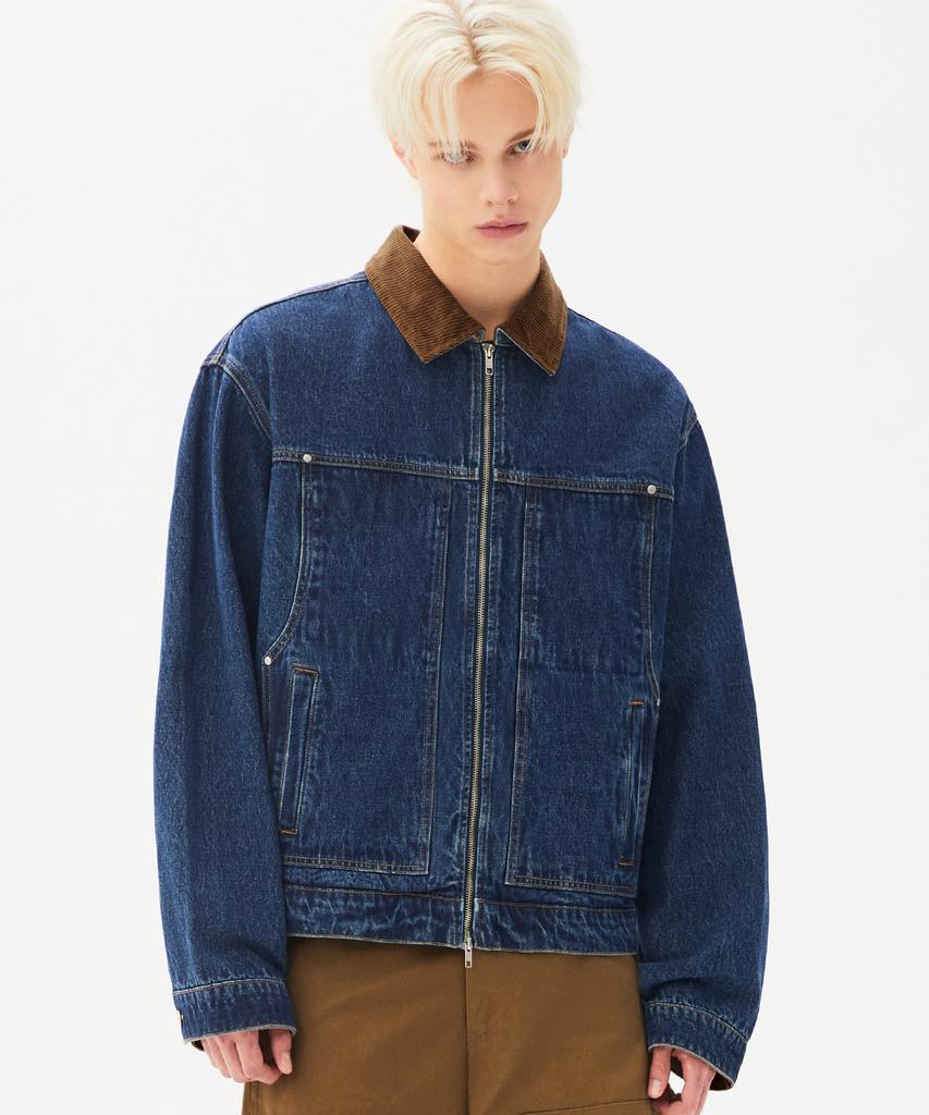 Trillion Corduroy Collar Denim Zip-Up Work Jacket (Middle Blue)