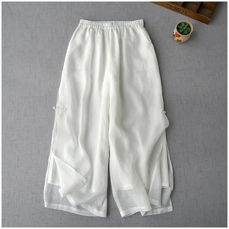 

Summer trousers solid color cotton and linen wide-leg trousers women s versatile literary casual trousers cool and comfortable side split trousers 2XL білий