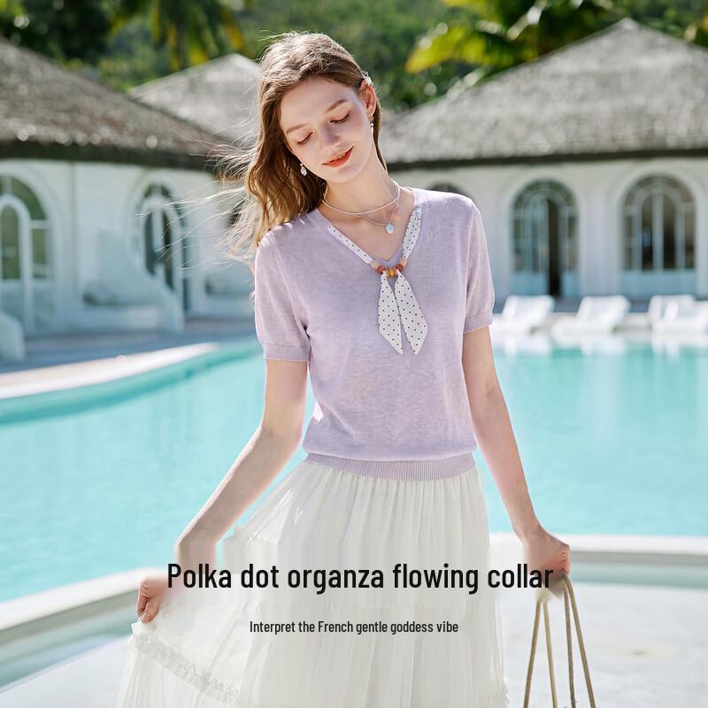 Women's Polka Dot V-Neck Knitted Short Sleeve Top