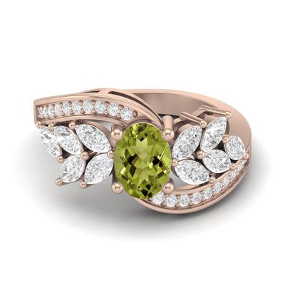 7X5mm Oval Peridot 925 Sterling Silver Rose Vermeil Solitaire Leaf Design Bypass Women Wedding Ring